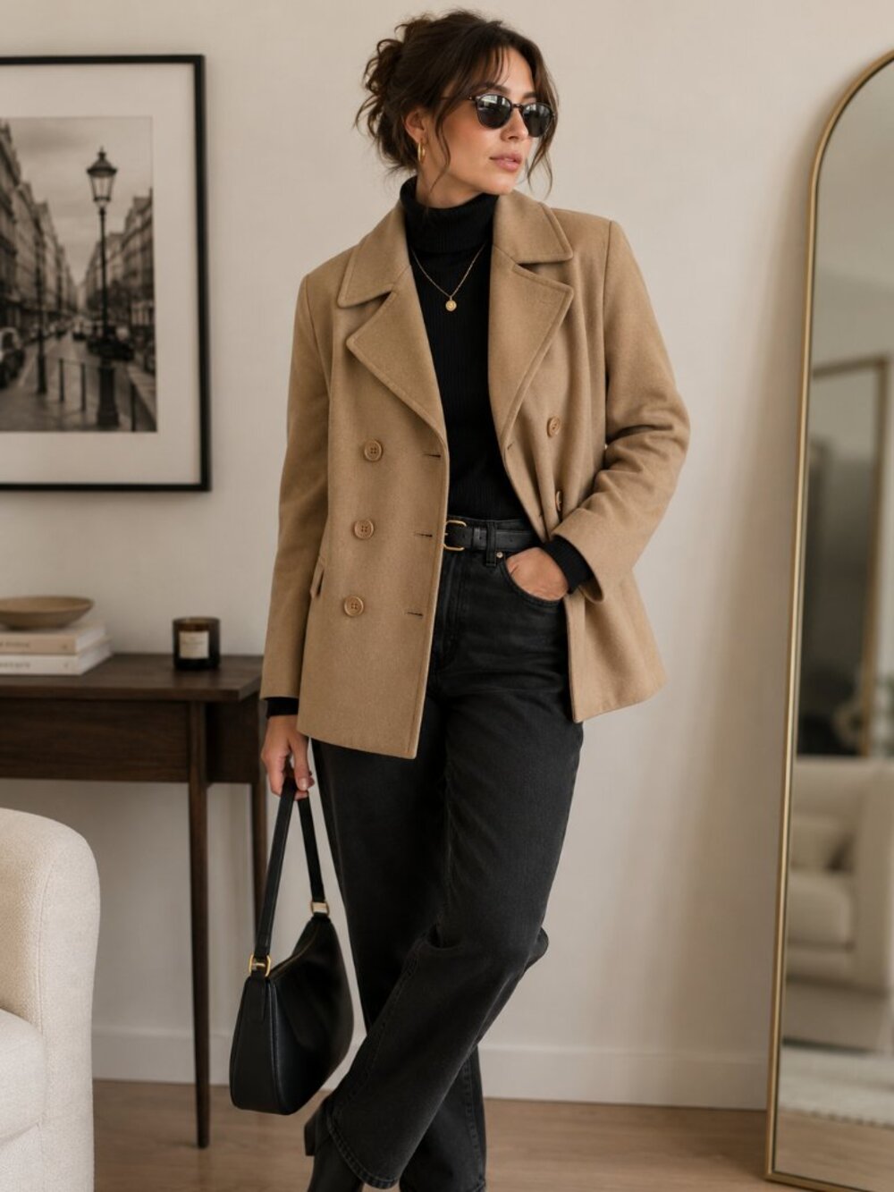 Requirements Tan 100% Wool Peacoat Jacket Petite 14 Double Breasted NWT